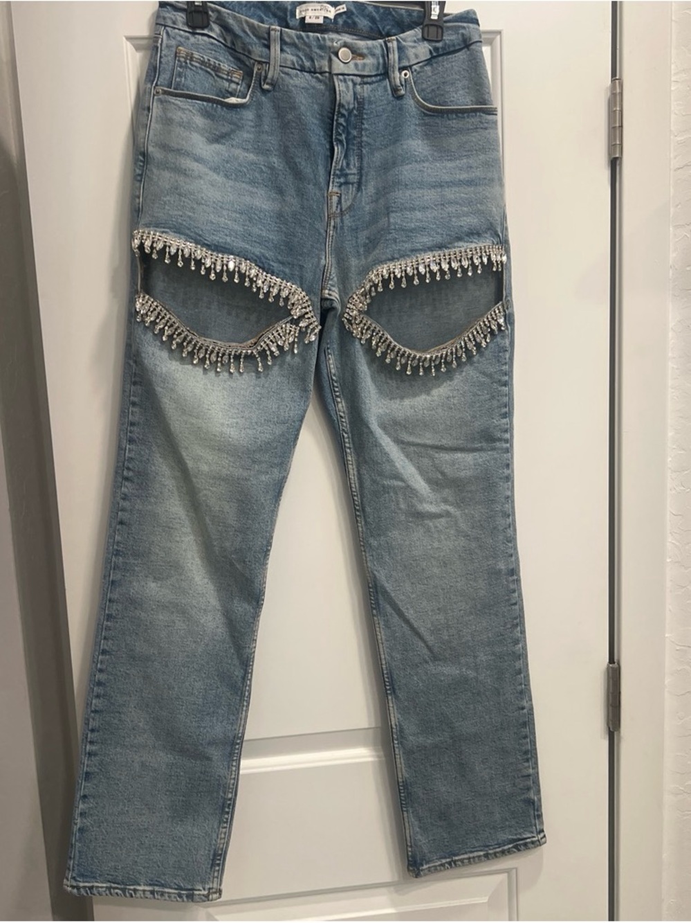 Good American Light Blue Straight-Leg Jeans with Crystal Fringe